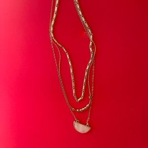 Gold Three Layer Necklace with Rose Quartz Stone